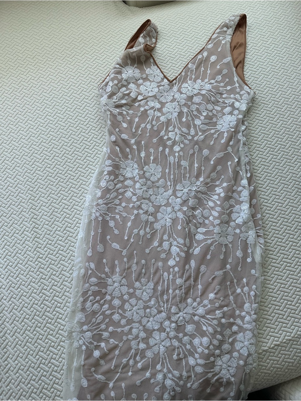 Sleeveless Lace Overlay Nude Sheath Dress
